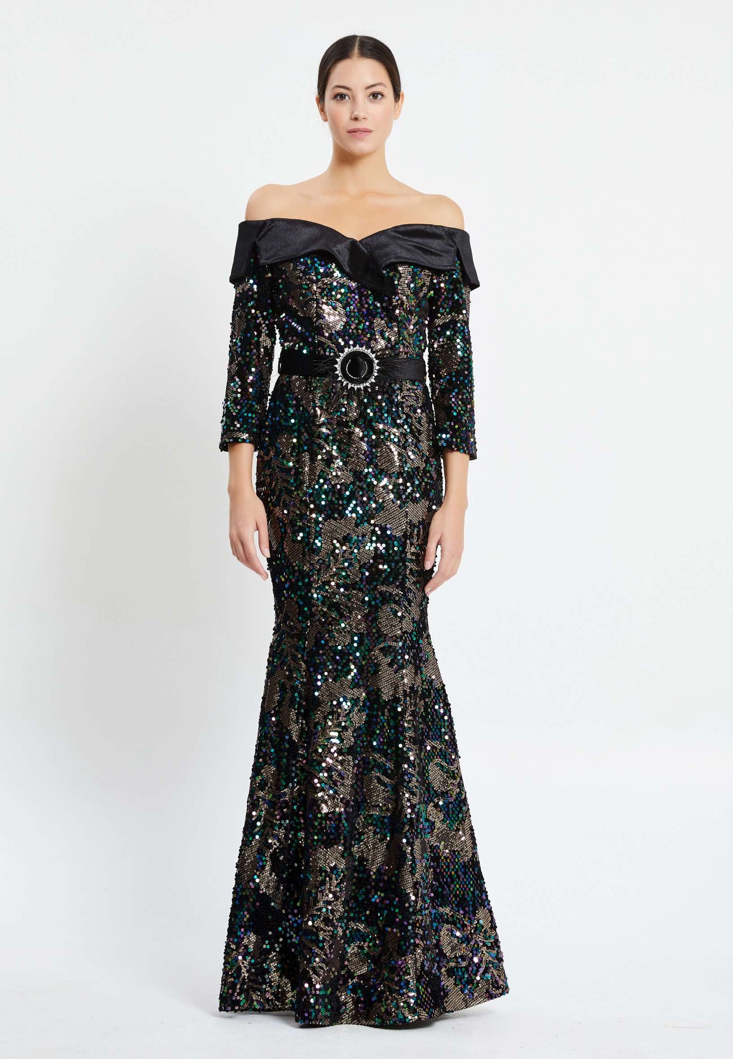 Off Shoulder Maxi Sequin Mermaid Regular Prom Dress Black-Gold - Unit Price: 45$