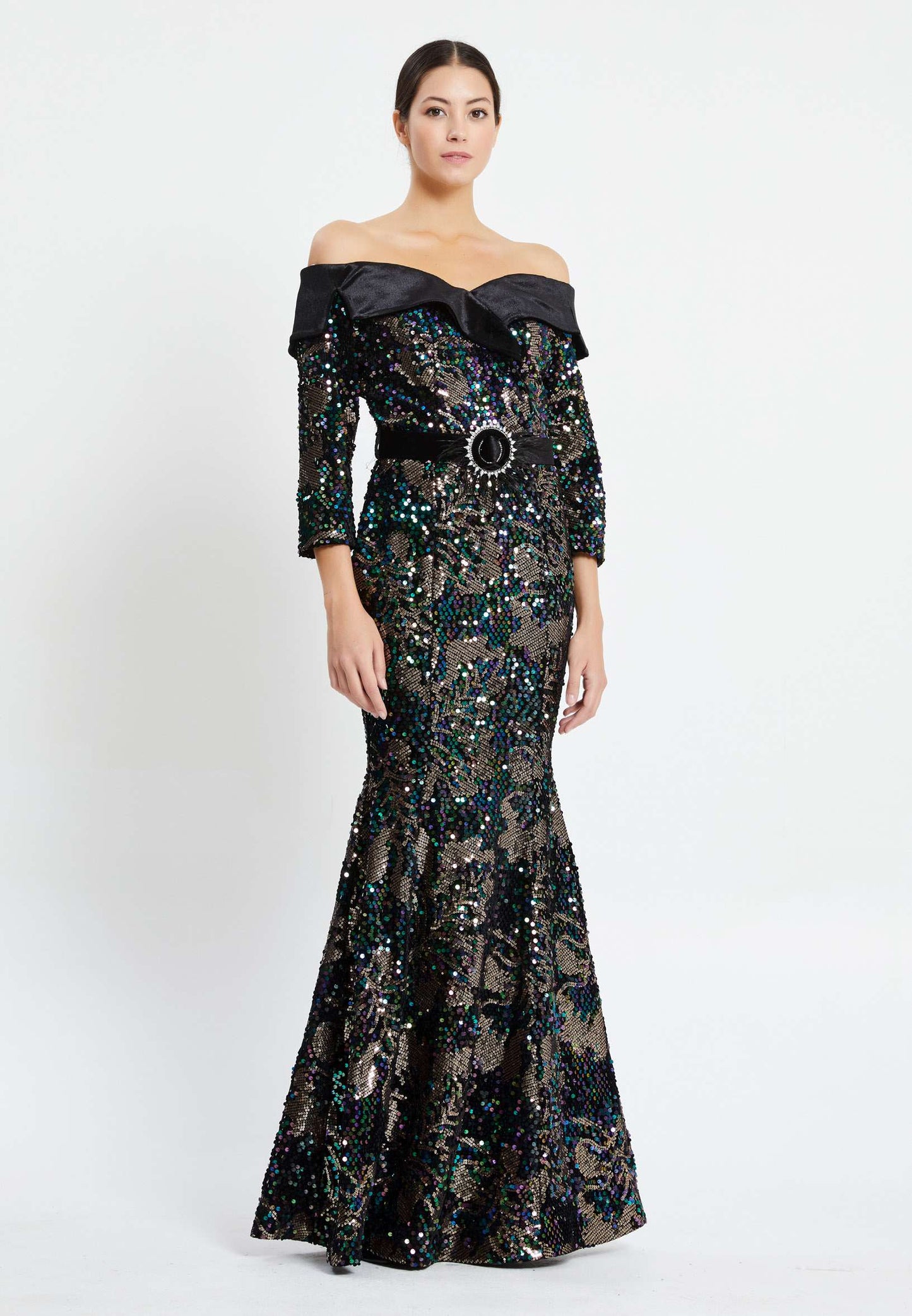 Off Shoulder Maxi Sequin Mermaid Regular Prom Dress Black-Gold - Unit Price: 45$