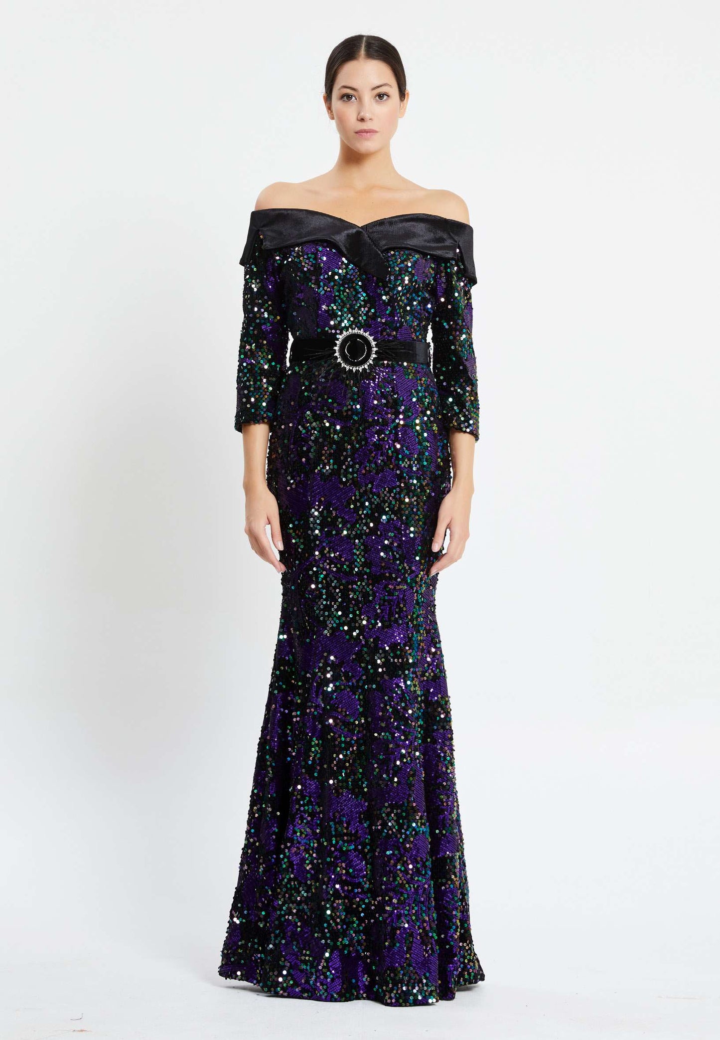 Off Shoulder Maxi Sequin Mermaid Regular Prom Dress Black-Purple - Unit Price: 45$