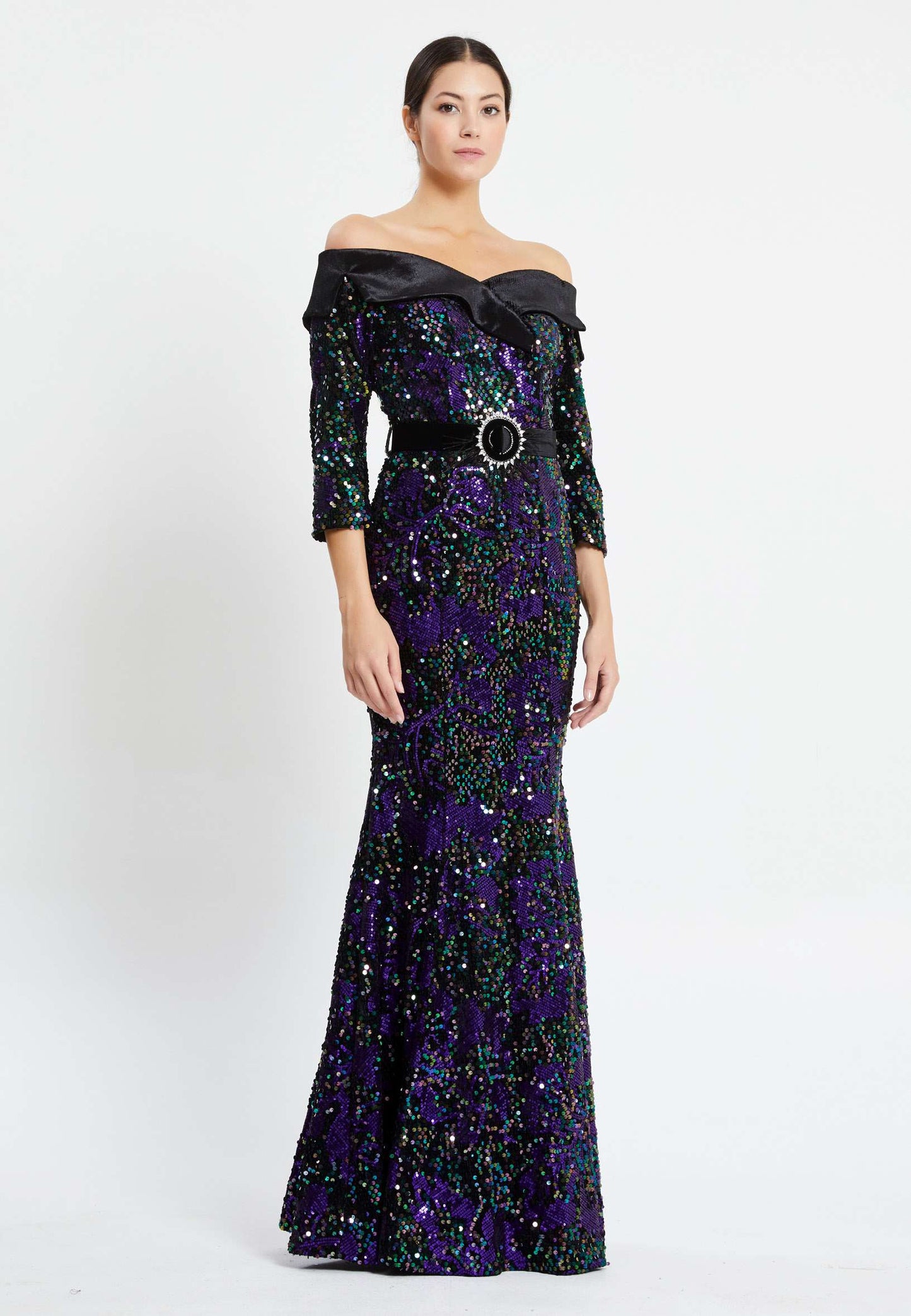 Off Shoulder Maxi Sequin Mermaid Regular Prom Dress Black-Purple - Unit Price: 45$