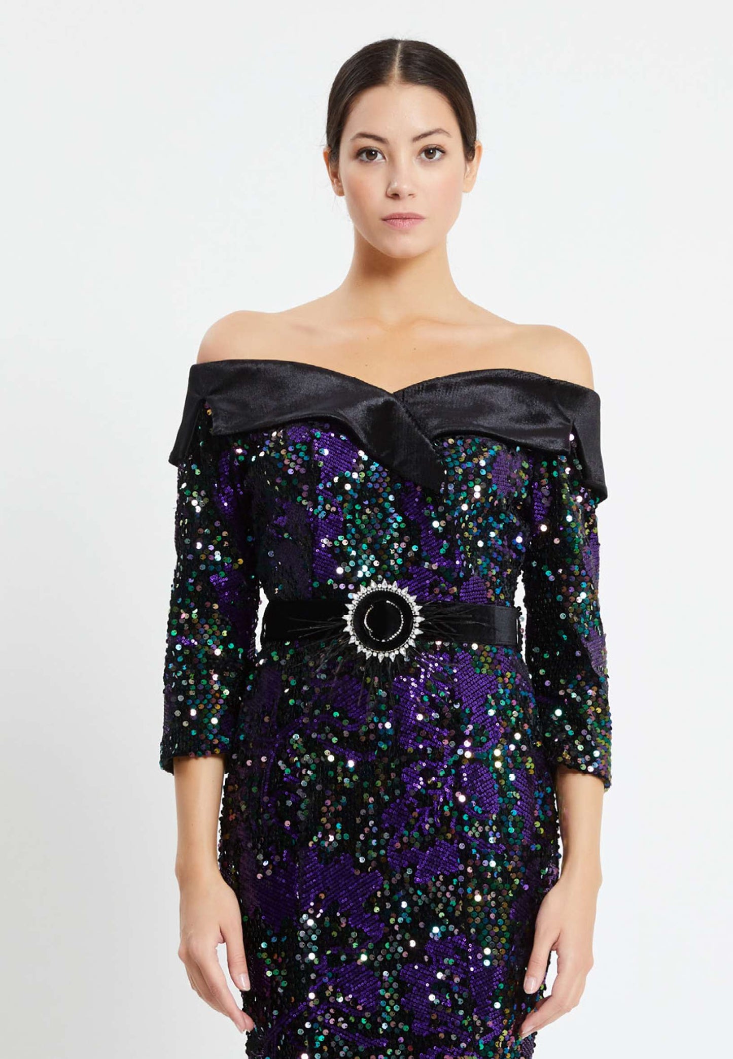 Off Shoulder Maxi Sequin Mermaid Regular Prom Dress Black-Purple - Unit Price: 45$