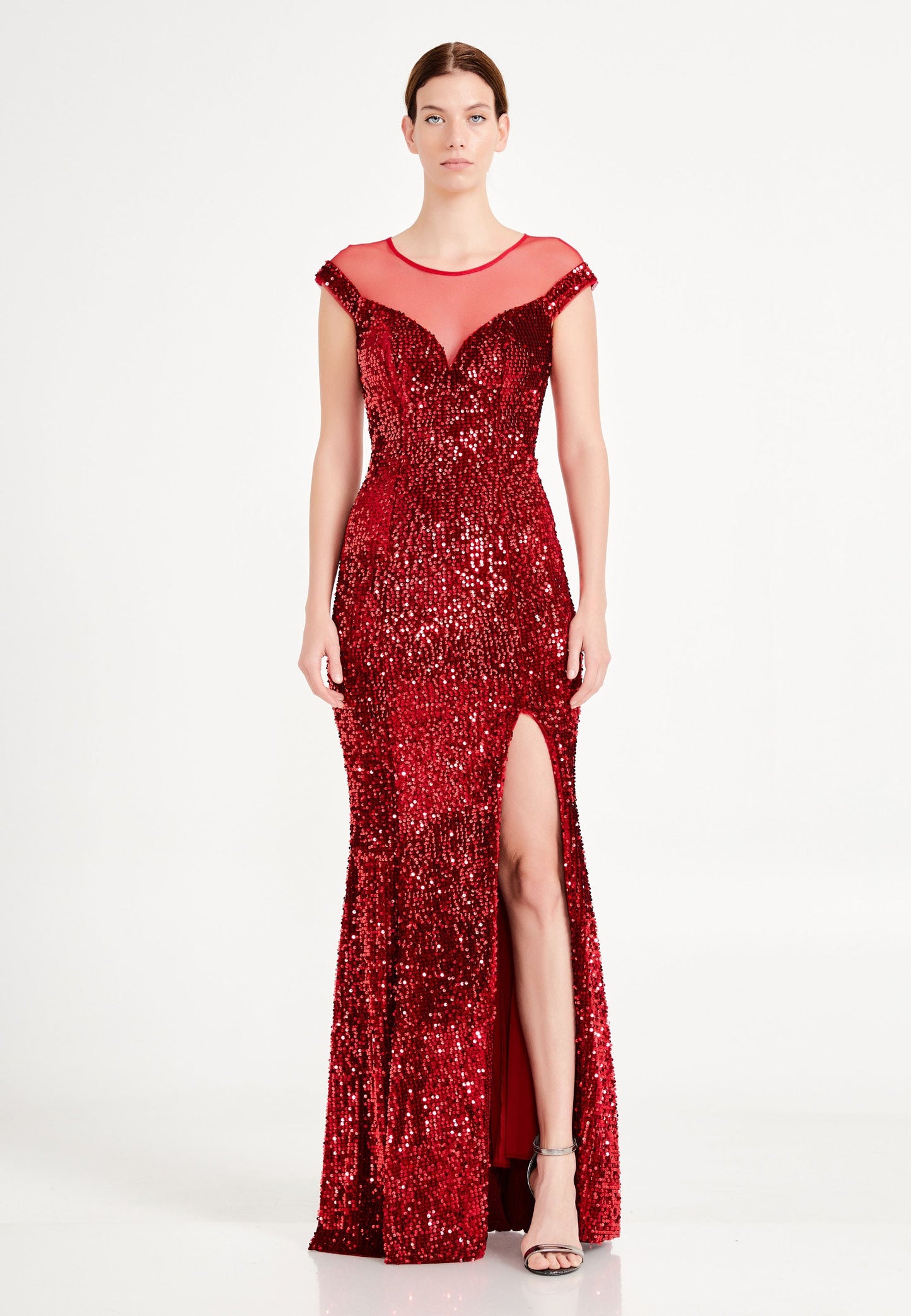 Short Sleeve Maxi Sequin Mermaid Regular Prom Dress Burgundy - Unit Price: 40$