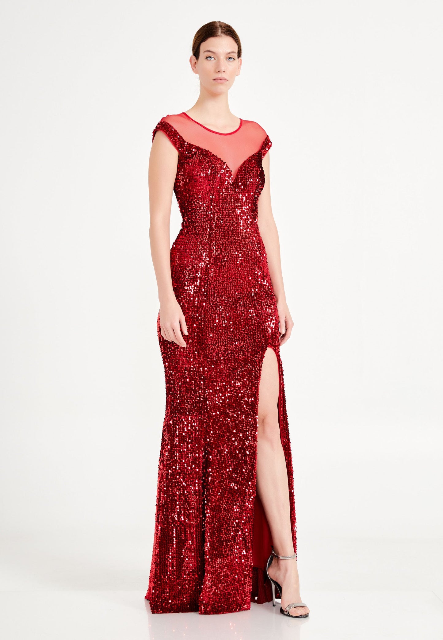 Short Sleeve Maxi Sequin Mermaid Regular Prom Dress Burgundy - Unit Price: 40$