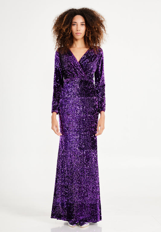 Long Sleeve Maxi Sequin Mermaid Regular Prom Dress Purple - Unit Price: 36$