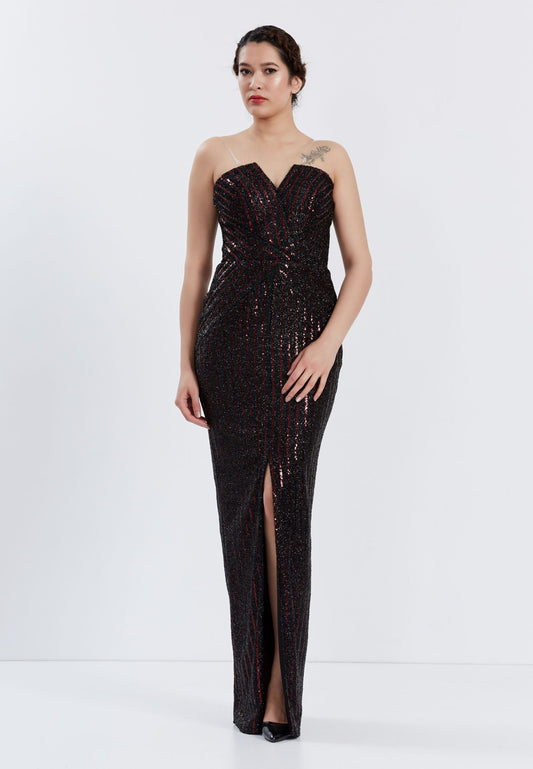 Strapless Maxi Sequin Column Regular Prom Dress Black-Burgundy - Unit Price:40$