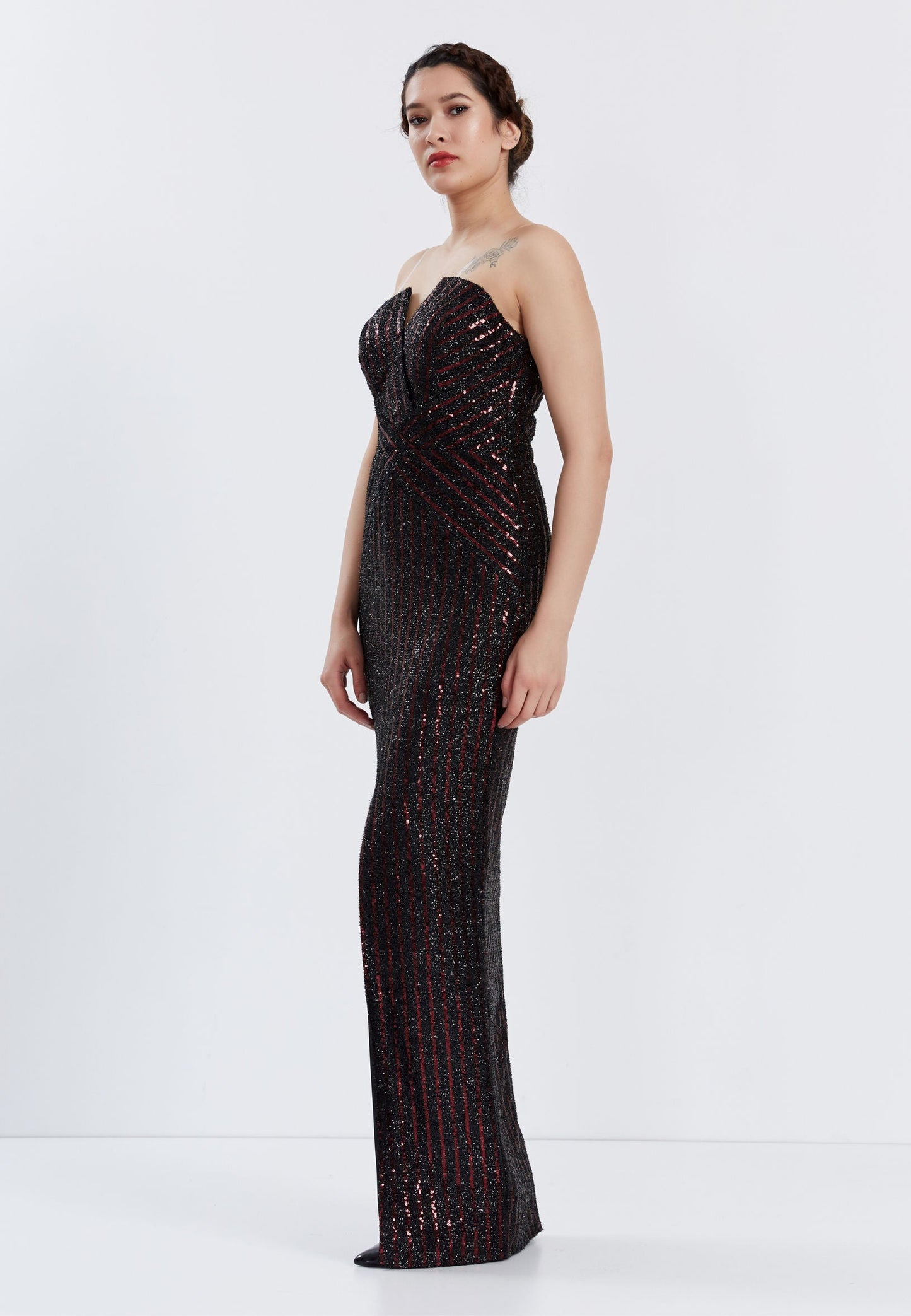 Strapless Maxi Sequin Column Regular Prom Dress Black-Burgundy - Unit Price:40$