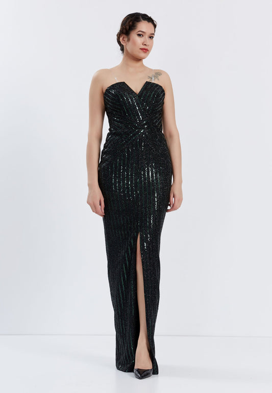 Strapless Maxi Sequin Column Regular Prom Dress Black-Green - Unit Price:40$