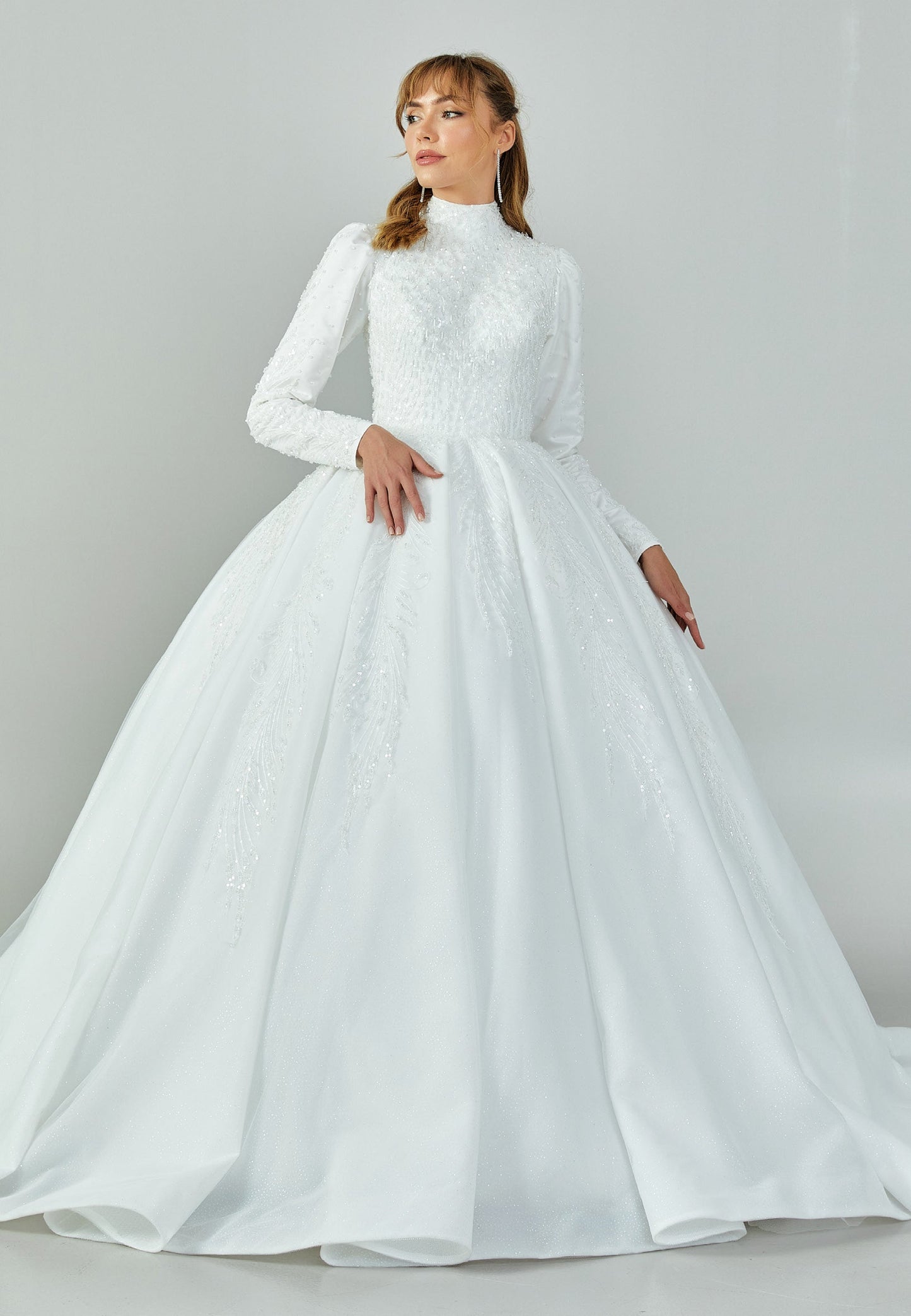 Long Sleeve Maxi Tulle Regular Wedding Dress Ecru - Unit Price: 536$