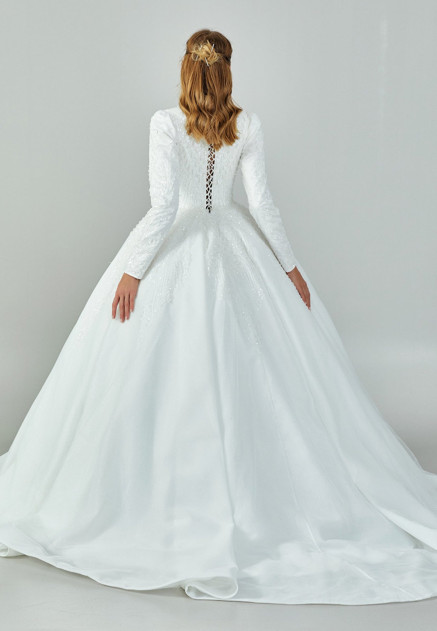 Long Sleeve Maxi Tulle Regular Wedding Dress Ecru - Unit Price: 536$