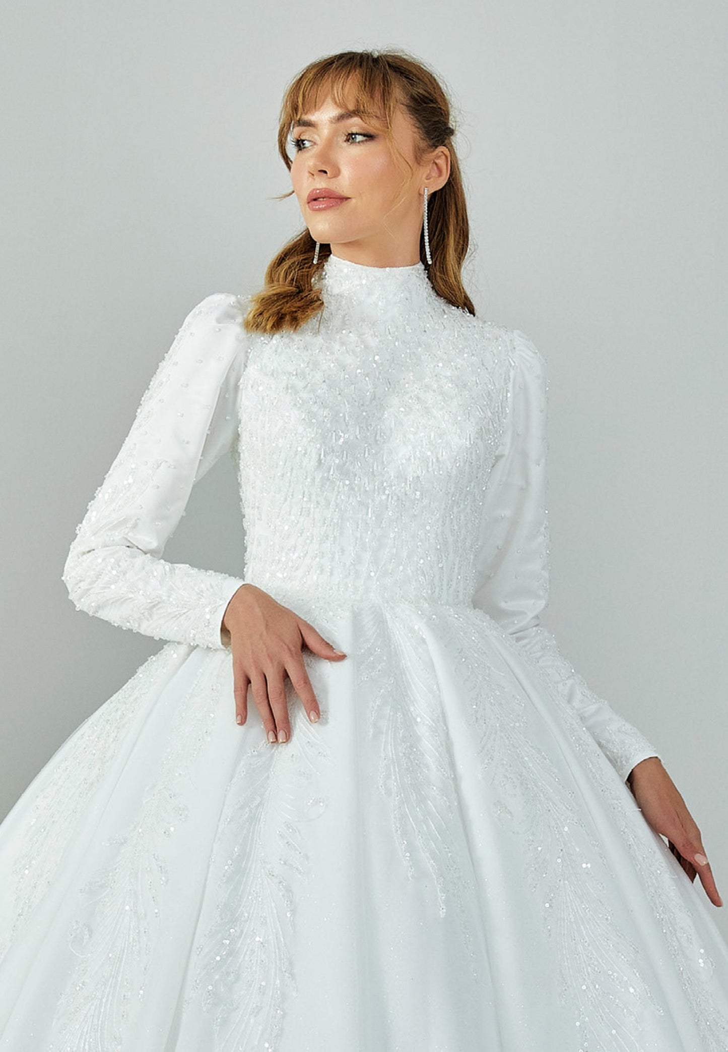 Long Sleeve Maxi Tulle Regular Wedding Dress Ecru - Unit Price: 536$