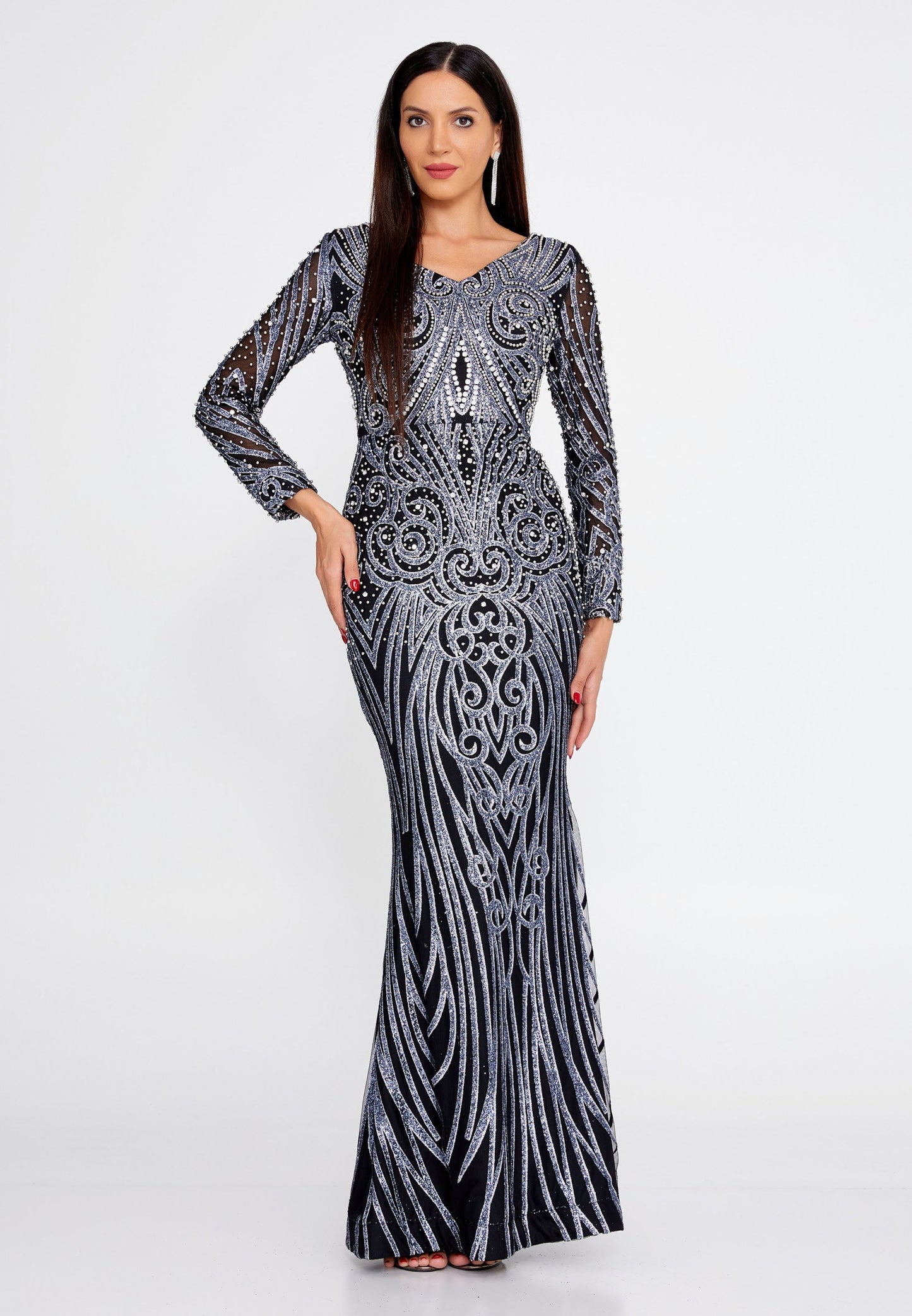 Long Sleeve Maxi Sequin Mermaid Regular Wedding Guest Dress Grey-Black - Unit Price: 140$