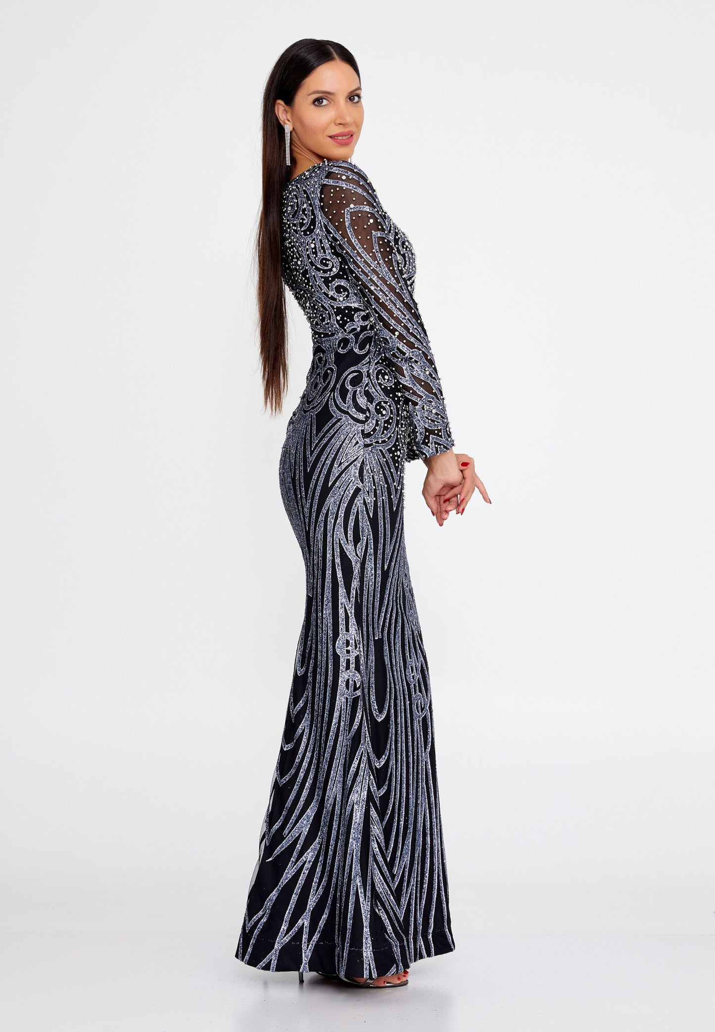 Long Sleeve Maxi Sequin Mermaid Regular Wedding Guest Dress Grey-Black - Unit Price: 140$