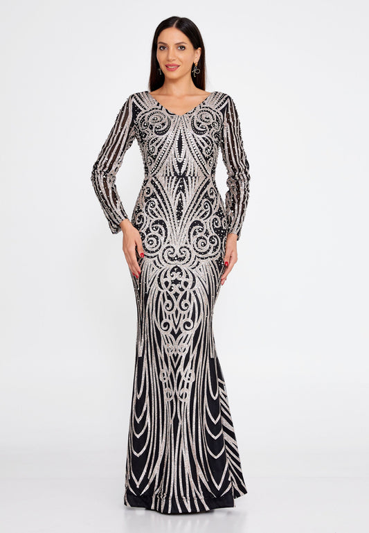 Long Sleeve Maxi Sequin Mermaid Regular Wedding Guest Dress Black-Beige - Unit Price: 140$