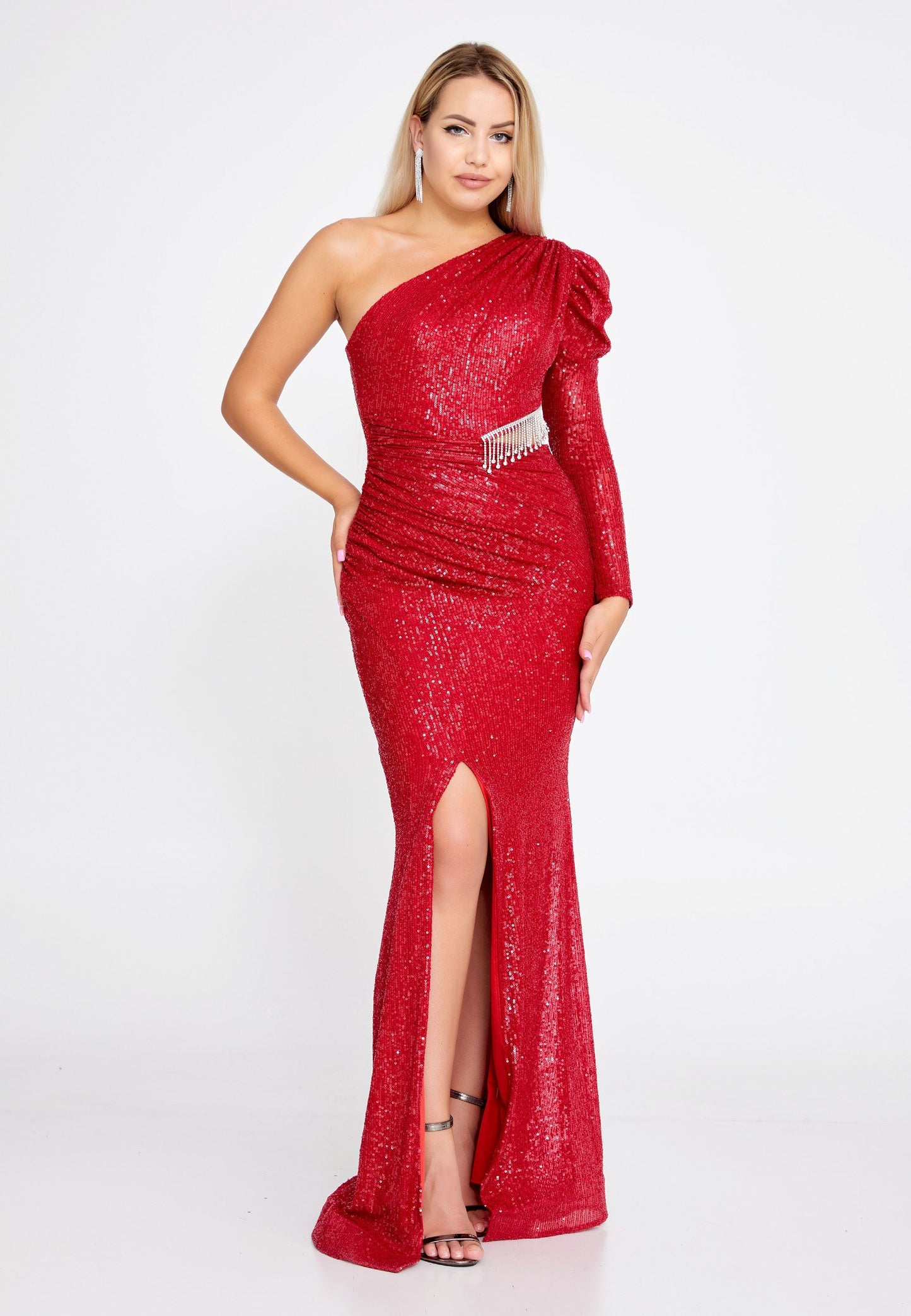 One Shoulder Maxi Sequin Mermaid Regular Prom Dress Red - Unit Price: 85$