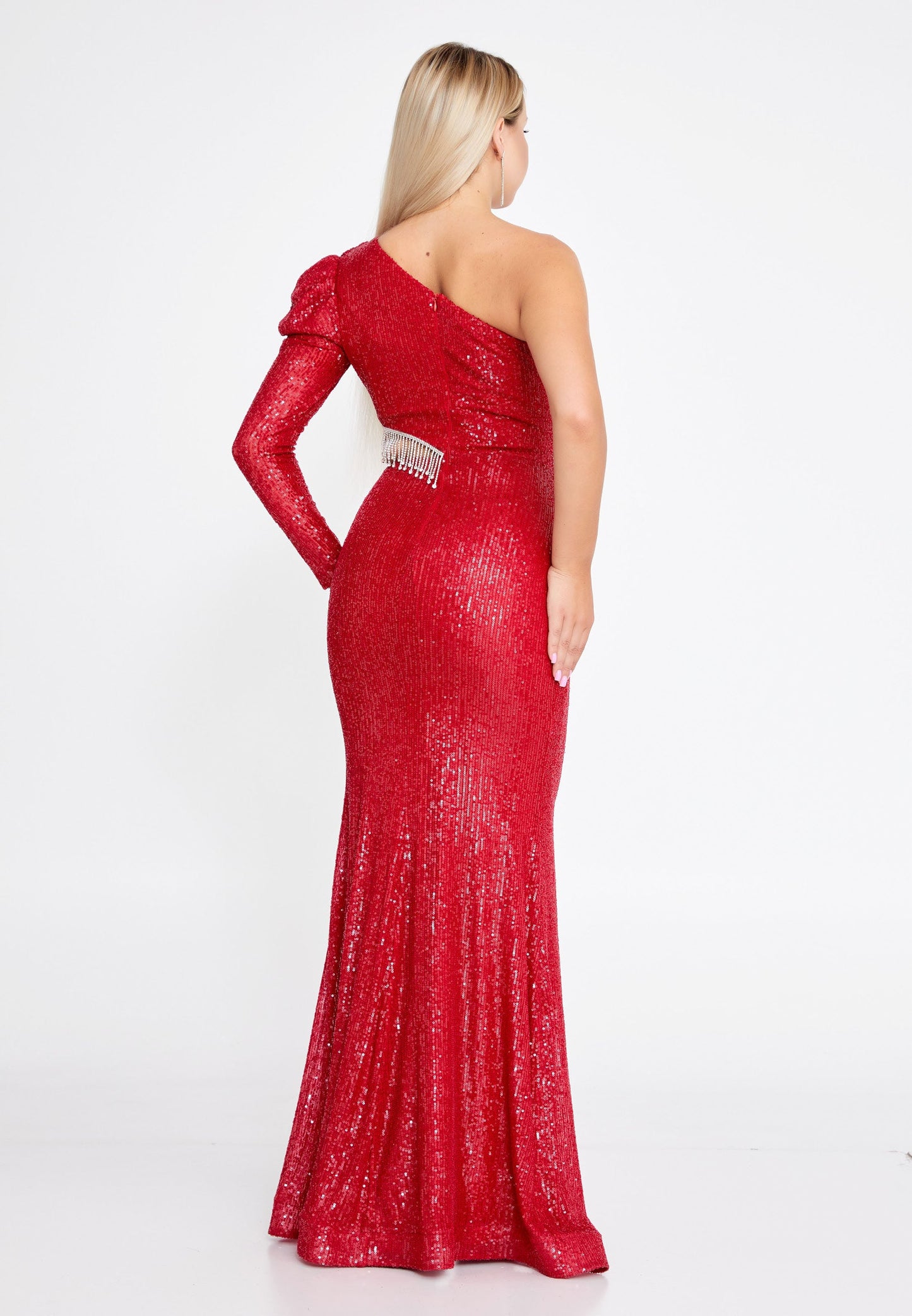 One Shoulder Maxi Sequin Mermaid Regular Prom Dress Red - Unit Price: 85$