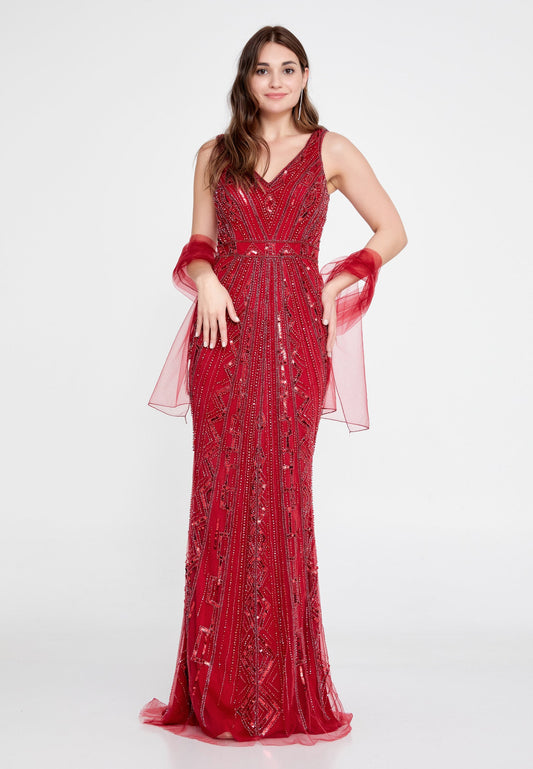 Sleeveless Maxi Sequin Mermaid Regular Wedding Guest Dress Red - Unit Price: 250$