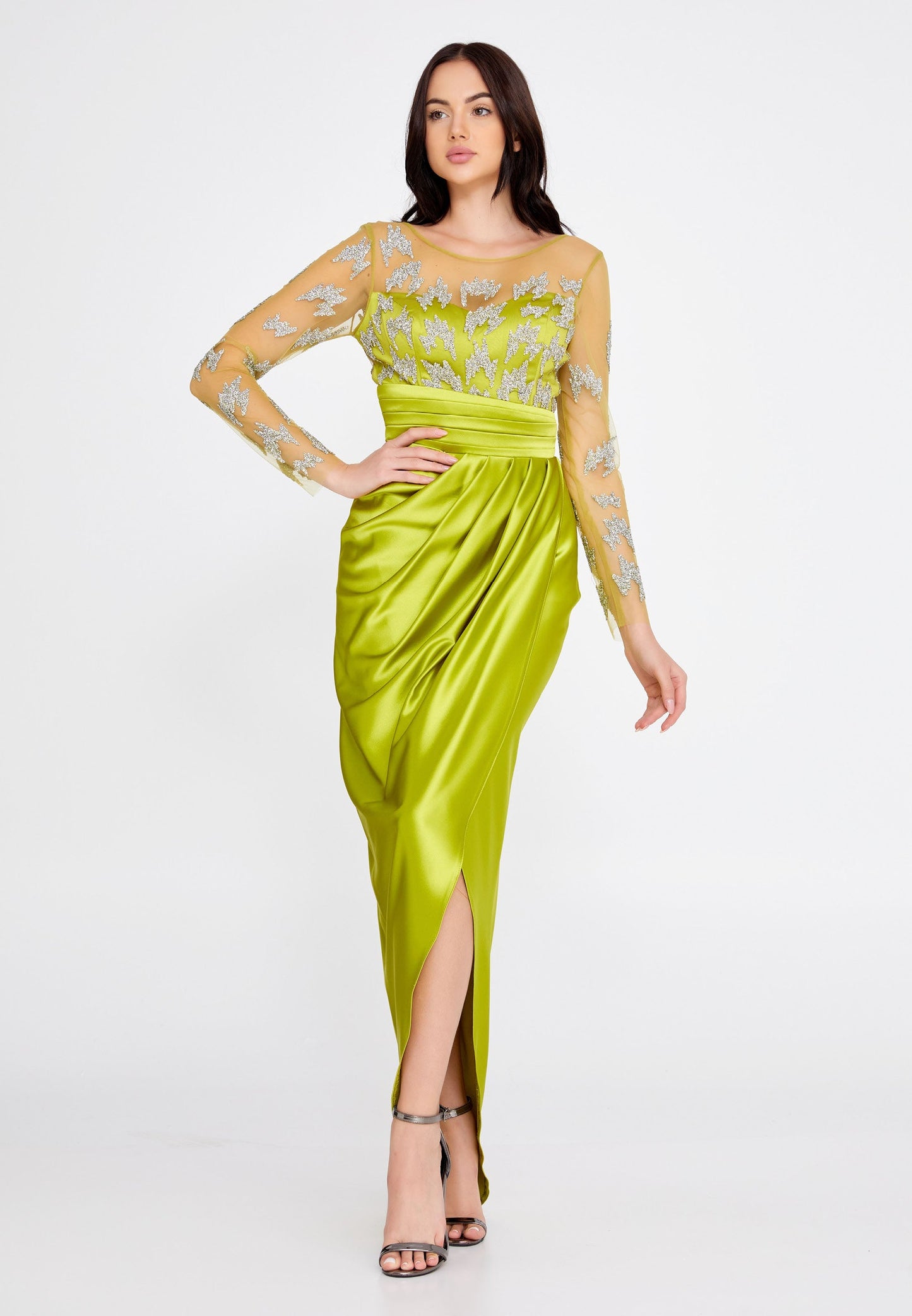 Long Sleeve Maxi Satin Column Regular Wedding Guest Dress Pistachio Green - Unit Price: 60$