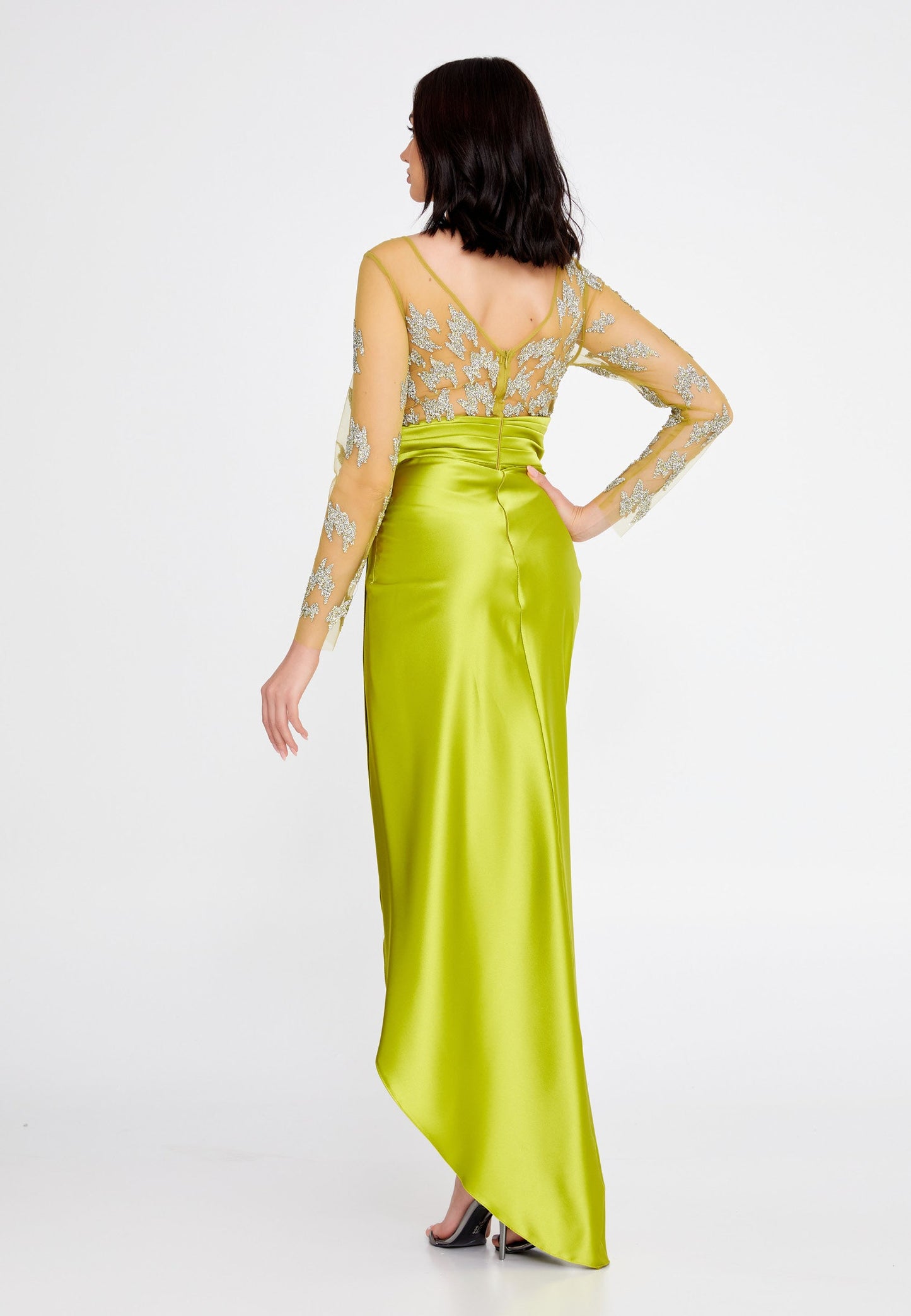 Long Sleeve Maxi Satin Column Regular Wedding Guest Dress Pistachio Green - Unit Price: 60$