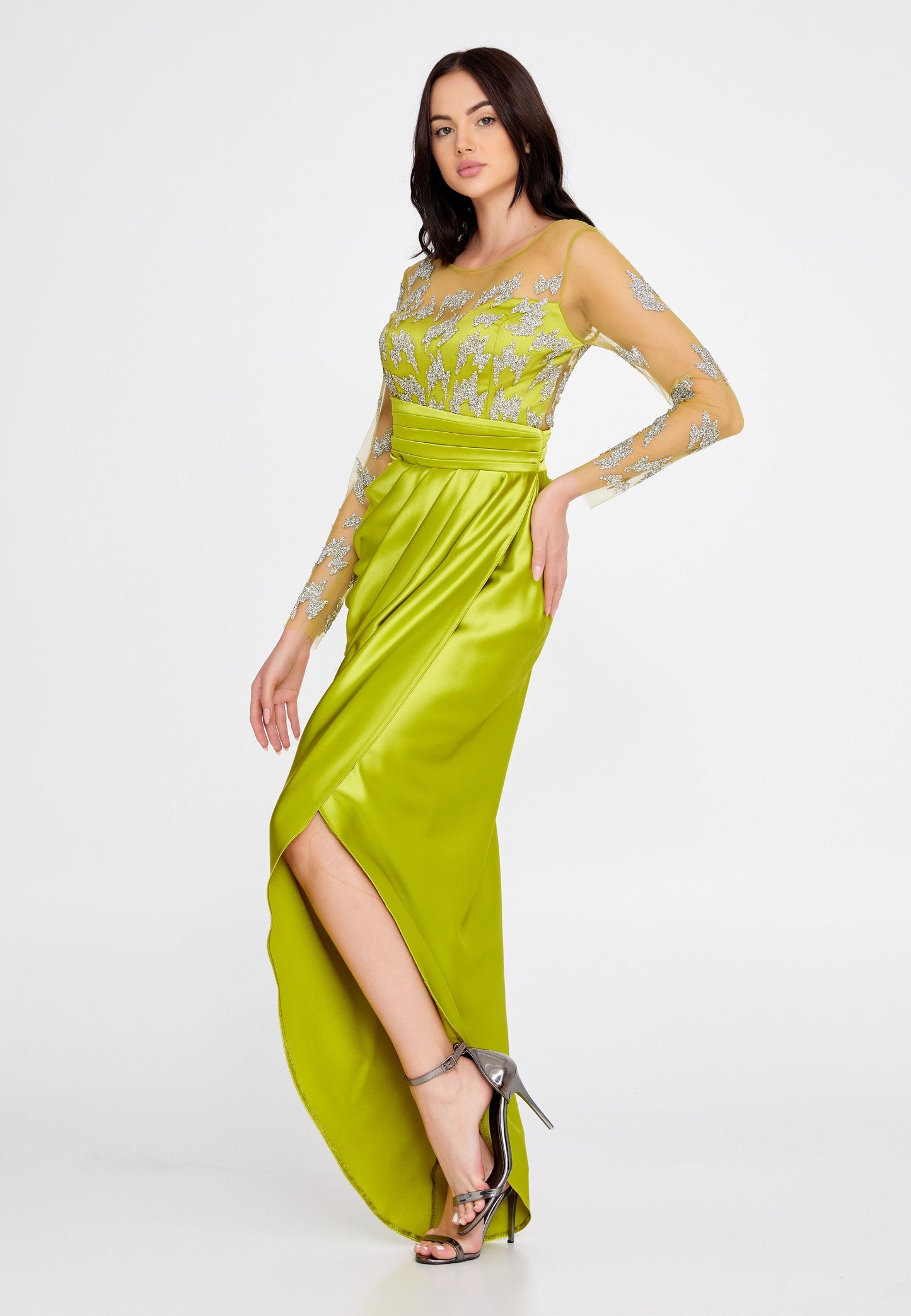 Long Sleeve Maxi Satin Column Regular Wedding Guest Dress Pistachio Green - Unit Price: 60$