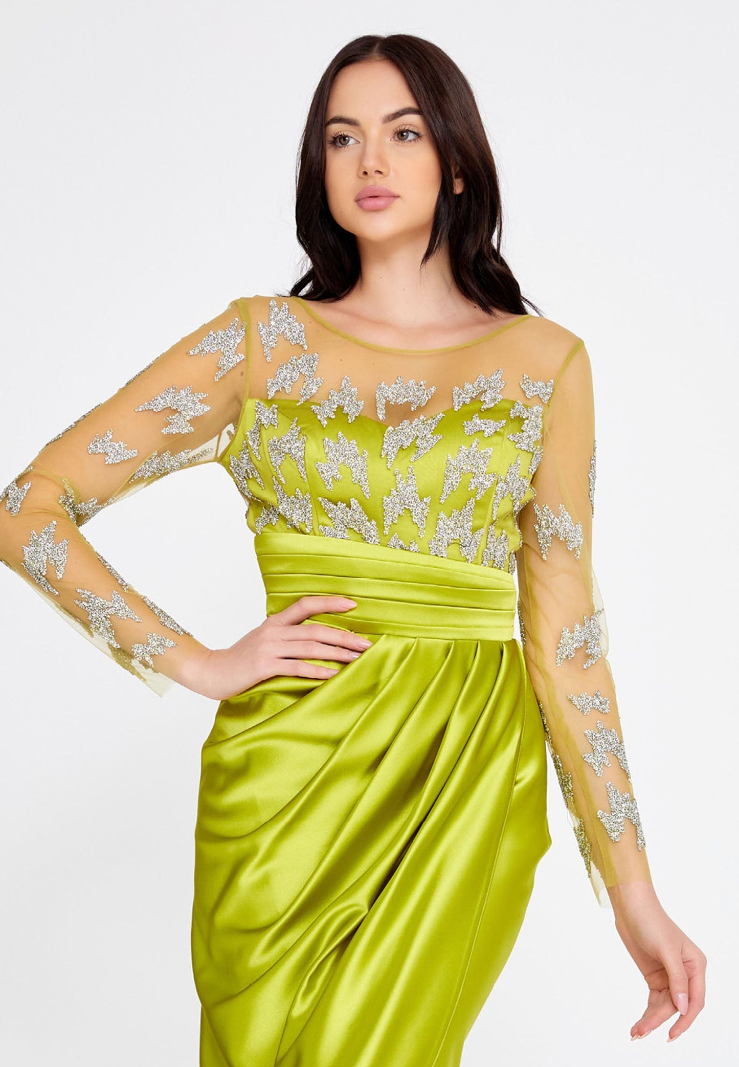 Long Sleeve Maxi Satin Column Regular Wedding Guest Dress Pistachio Green - Unit Price: 60$