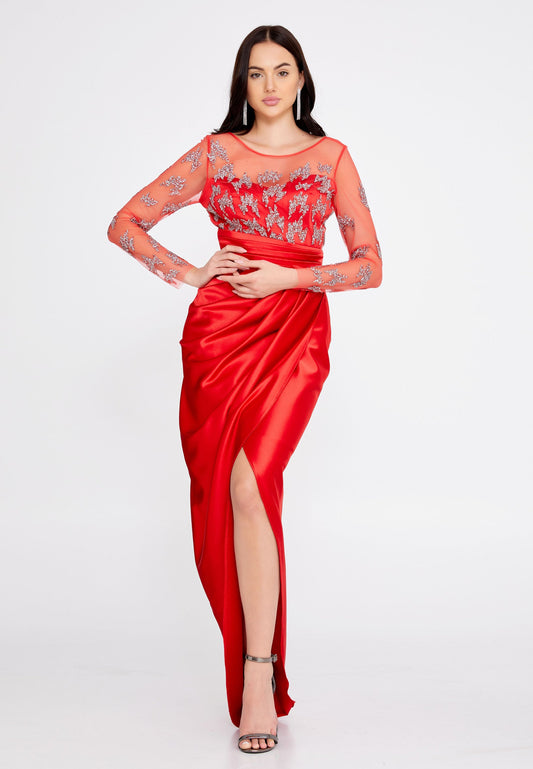 Long Sleeve Maxi Satin Column Regular Wedding Guest Dress Red - Unit Price: 60$