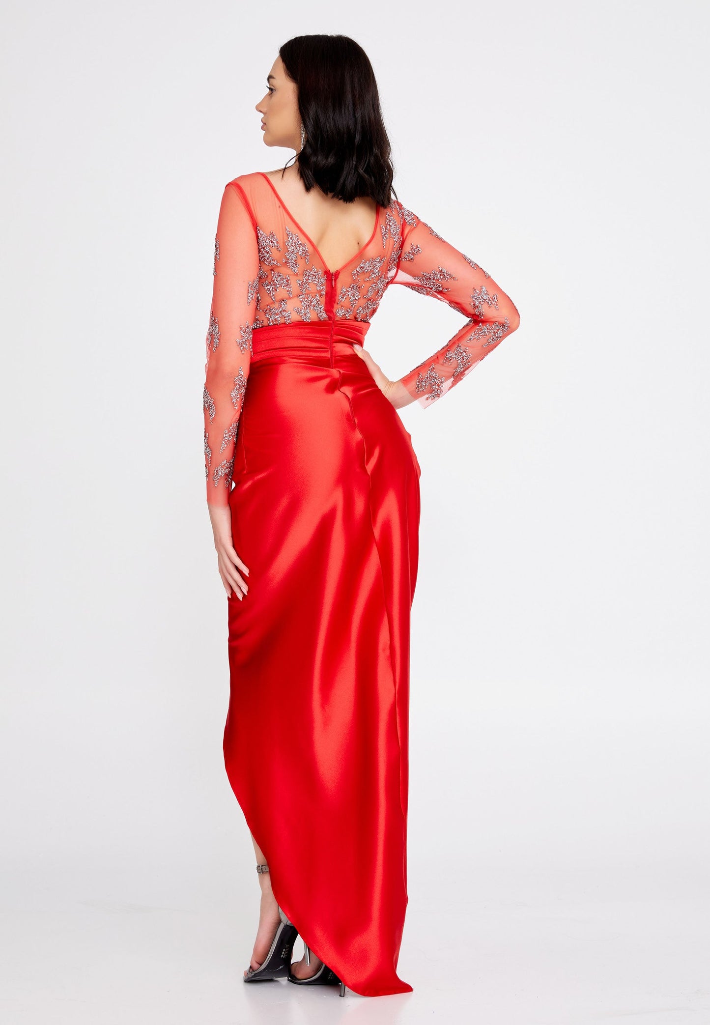 Long Sleeve Maxi Satin Column Regular Wedding Guest Dress Red - Unit Price: 60$