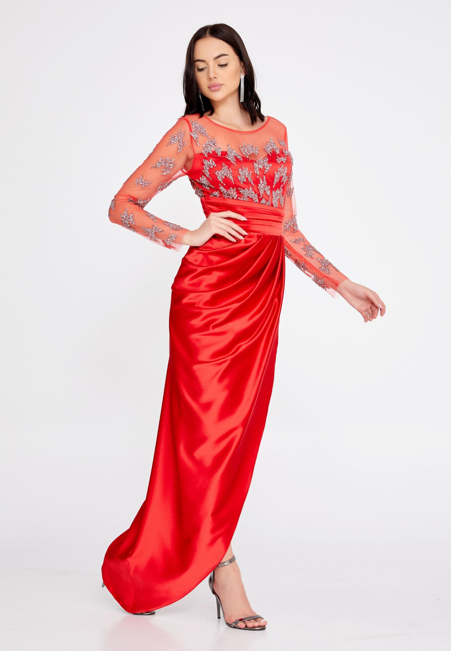 Long Sleeve Maxi Satin Column Regular Wedding Guest Dress Red - Unit Price: 60$