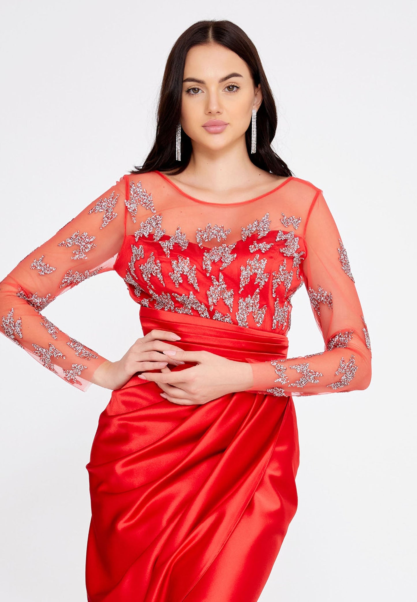 Long Sleeve Maxi Satin Column Regular Wedding Guest Dress Red - Unit Price: 60$