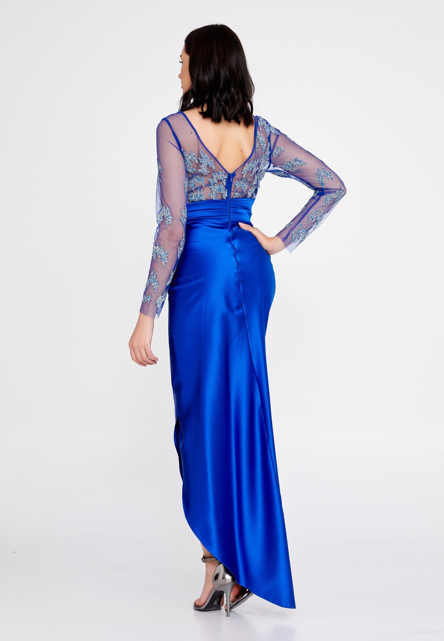 Long Sleeve Maxi Satin Column Regular Wedding Guest Dress Blue - Unit Price: 60$