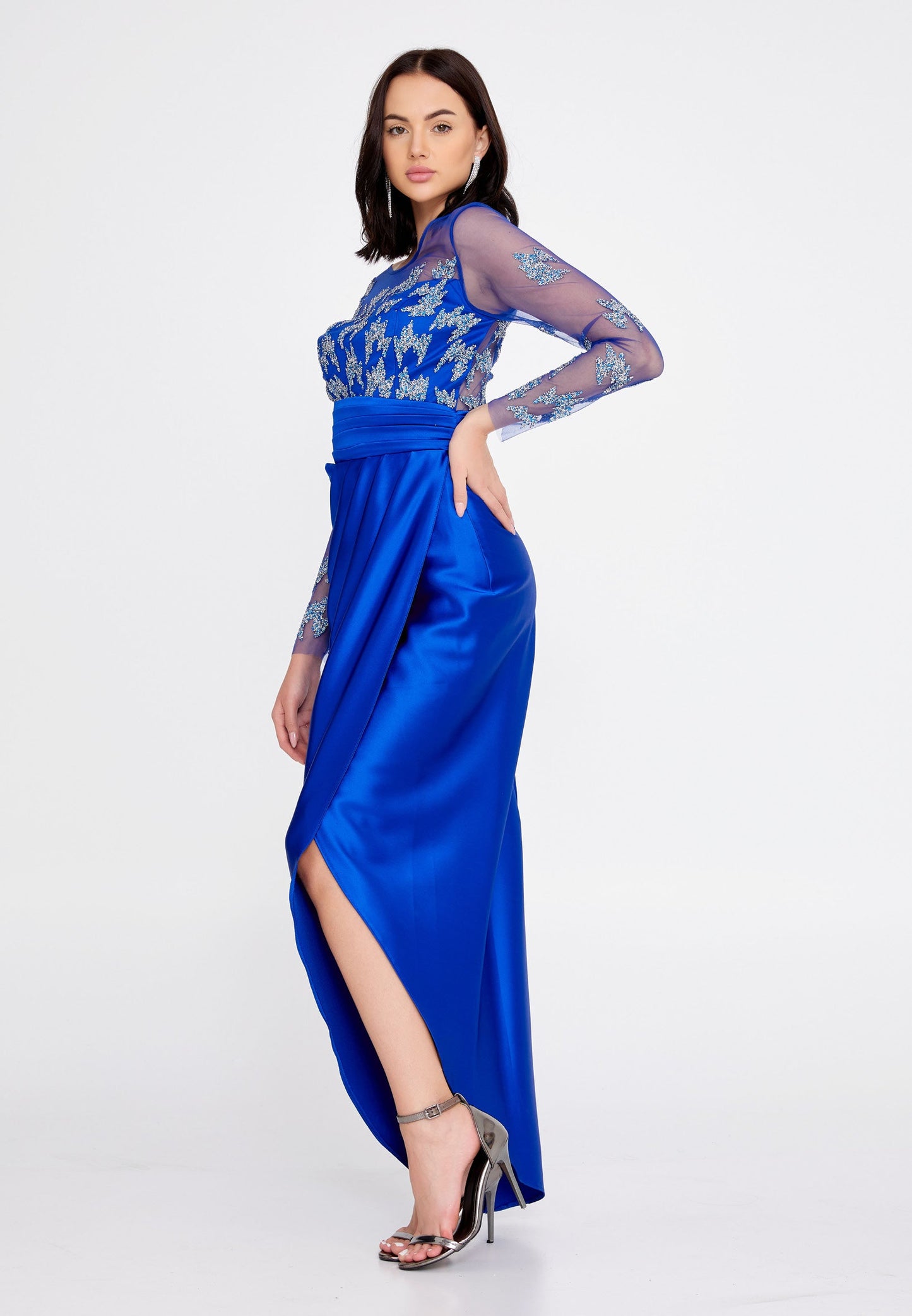 Long Sleeve Maxi Satin Column Regular Wedding Guest Dress Blue - Unit Price: 60$