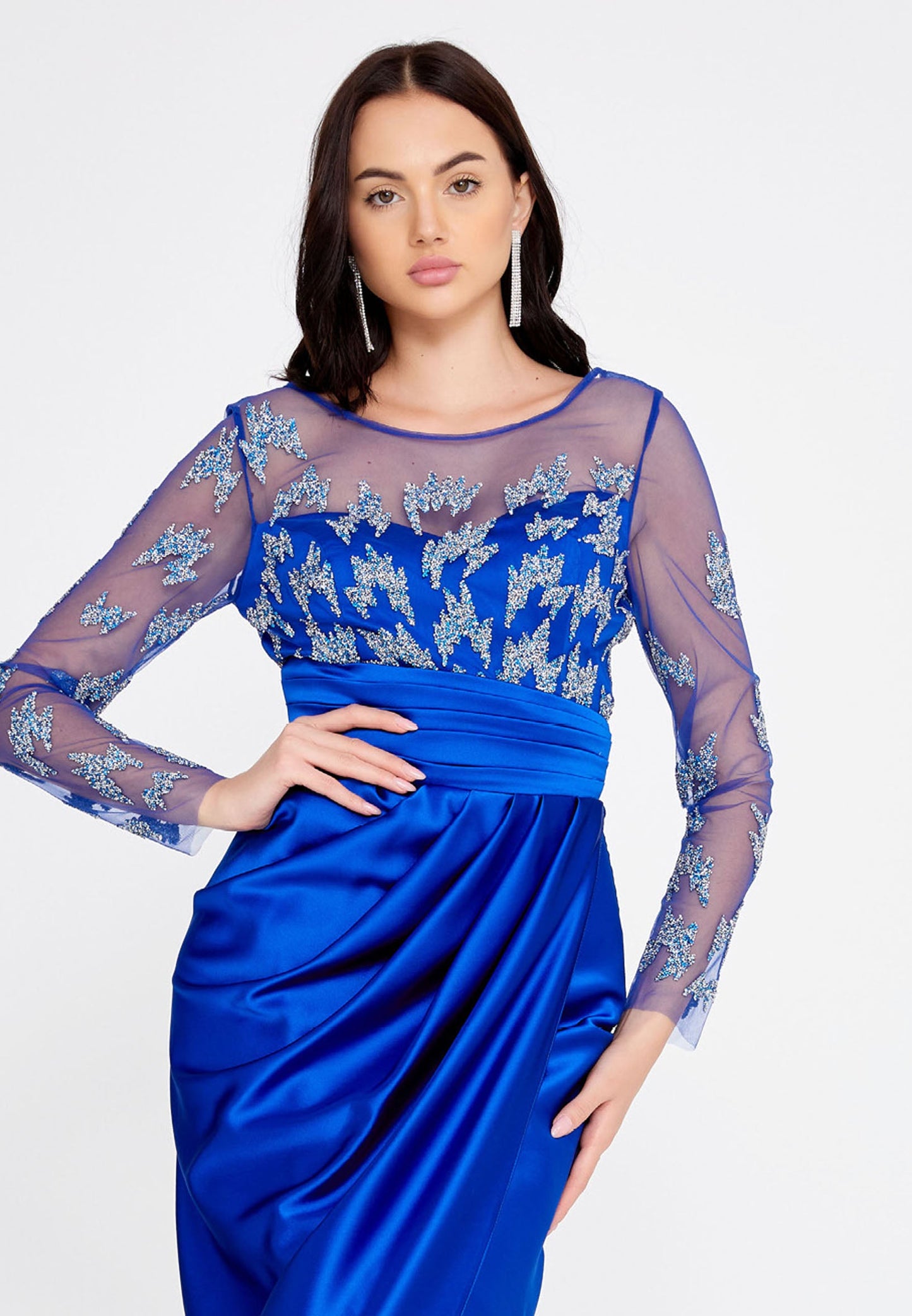 Long Sleeve Maxi Satin Column Regular Wedding Guest Dress Blue - Unit Price: 60$