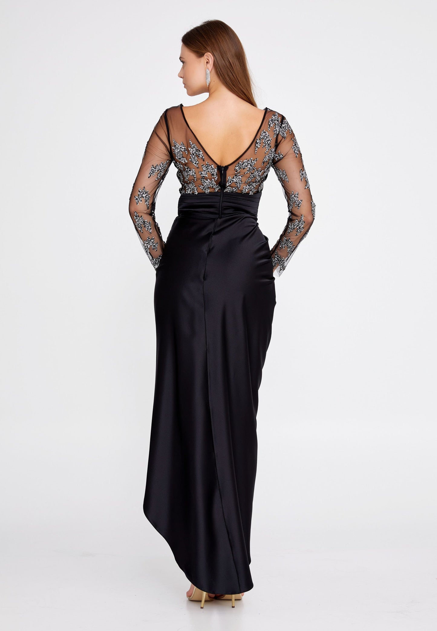 Long Sleeve Maxi Satin Column Regular Wedding Guest Dress Black - Unit Price: 60$