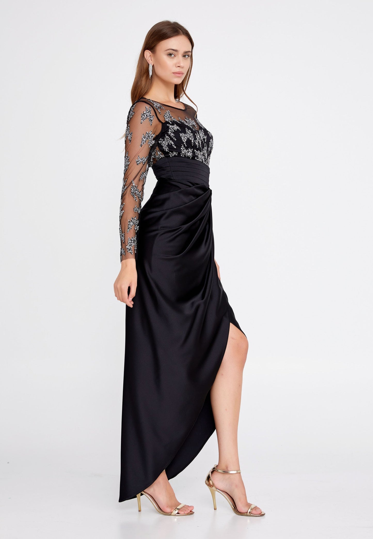 Long Sleeve Maxi Satin Column Regular Wedding Guest Dress Black - Unit Price: 60$