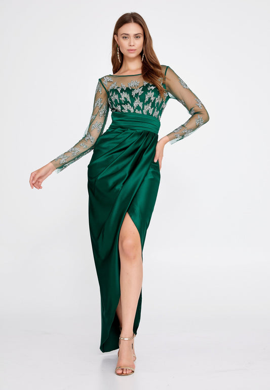 Long Sleeve Maxi Satin Column Regular Wedding Guest Dress Emerald Green - Unit Price: 60$