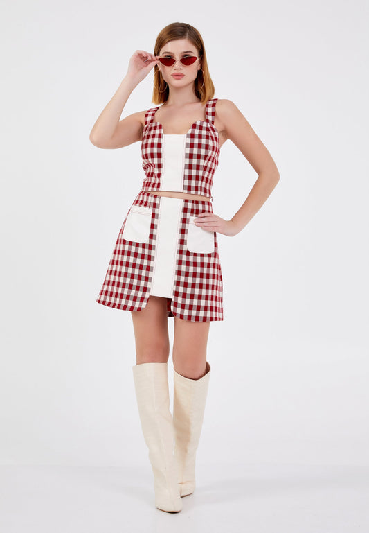 Sleeveless Plaid Regular Blouse Red-Ecru - Unit Price: 18$