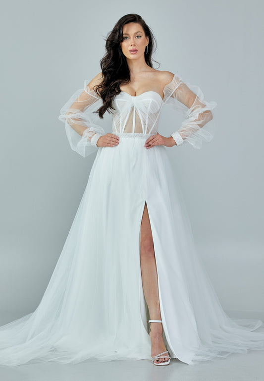 Off Shoulder Maxi Tulle Regular Wedding Dress Ecru - Unit Price: 388$