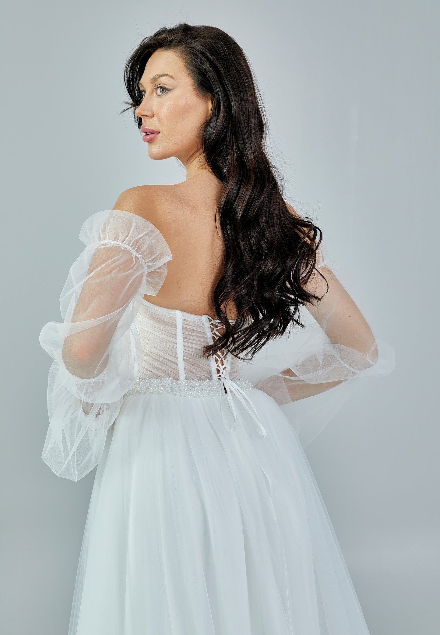 Off Shoulder Maxi Tulle Regular Wedding Dress Ecru - Unit Price: 388$