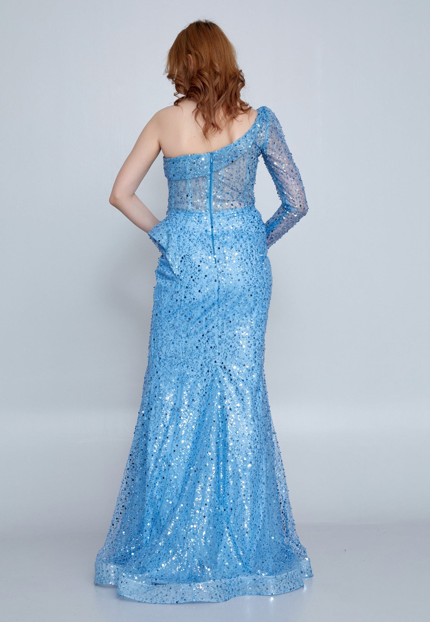 One Shoulder Maxi Sequin Mermaid Regular Wedding Guest Dress Blue - Unit Price: 120$