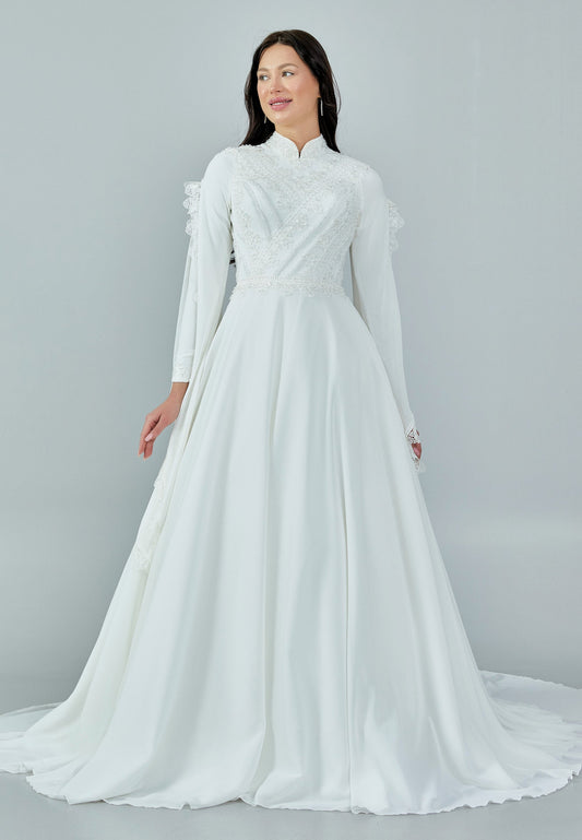 Long Sleeve Maxi Chiffon Regular Wedding Dress Ecru - Unit Price: 393$