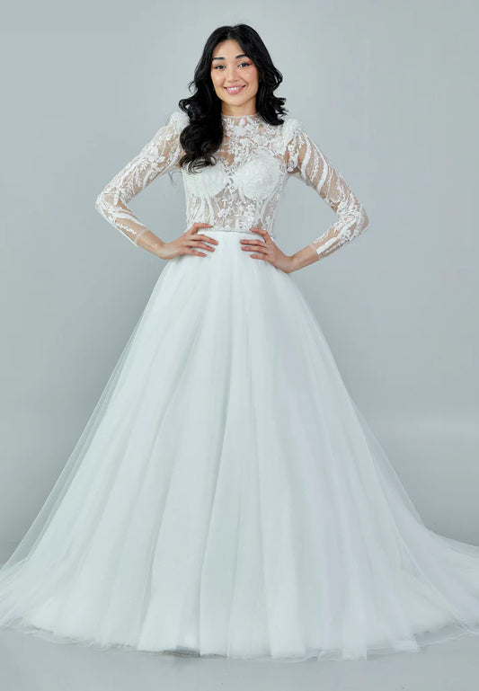 Long Sleeve Maxi Tulle Regular Wedding Dress White - Unit Price: 398$