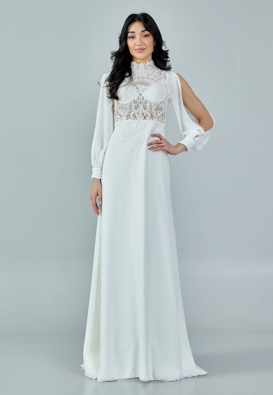 Long Sleeve Maxi Chiffon Regular Wedding Dress White - Unit Price: 398$