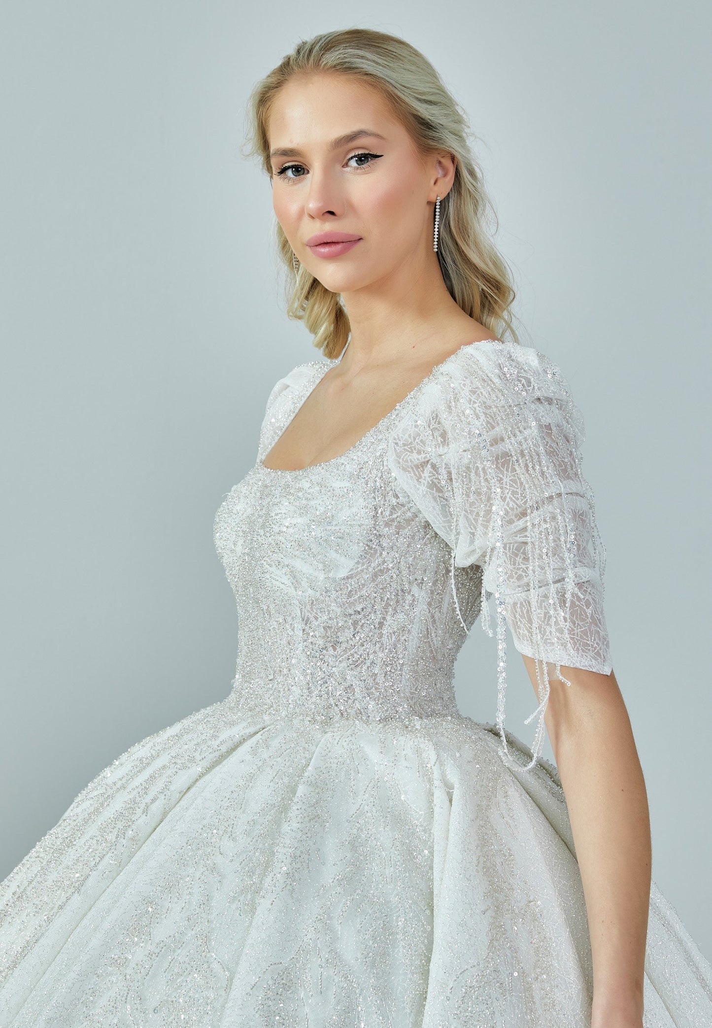 Short Sleeve Maxi Tulle Regular Wedding Dress Ecru - Unit Price: 672$