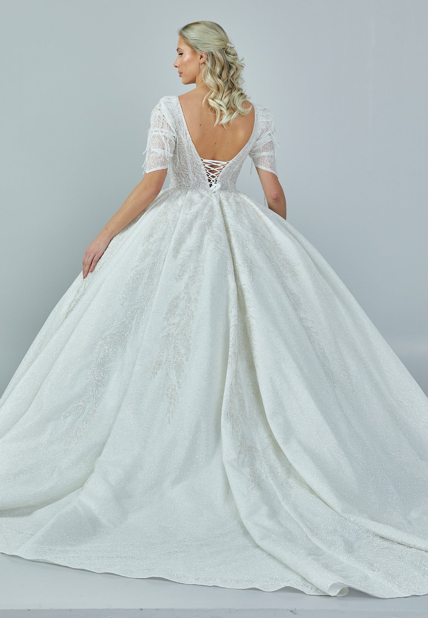 Short Sleeve Maxi Tulle Regular Wedding Dress Ecru - Unit Price: 672$