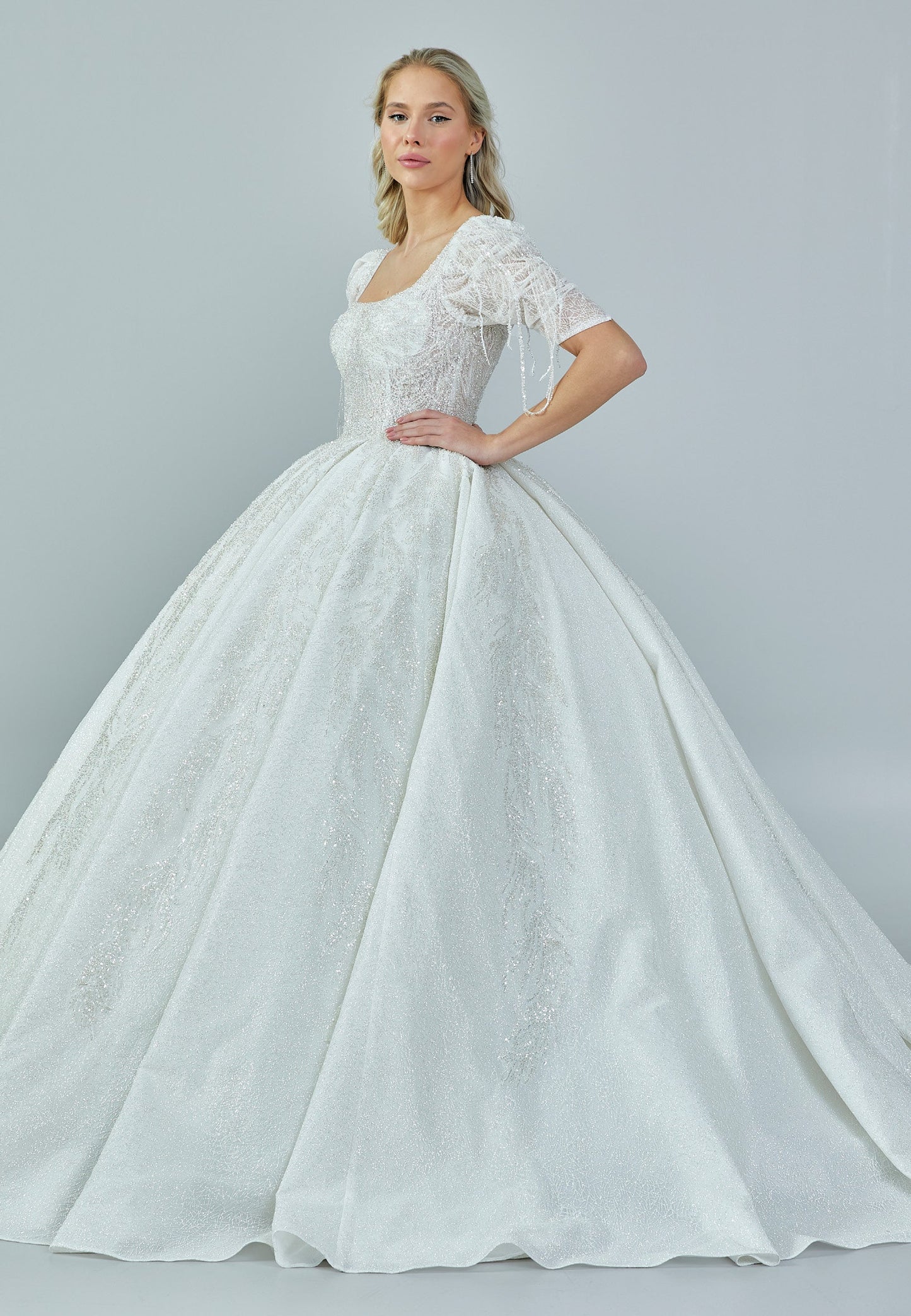 Short Sleeve Maxi Tulle Regular Wedding Dress Ecru - Unit Price: 672$