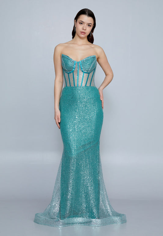 Strapless Maxi Sequin Mermaid Regular Wedding Guest Dress Green - Unit Price: 70$