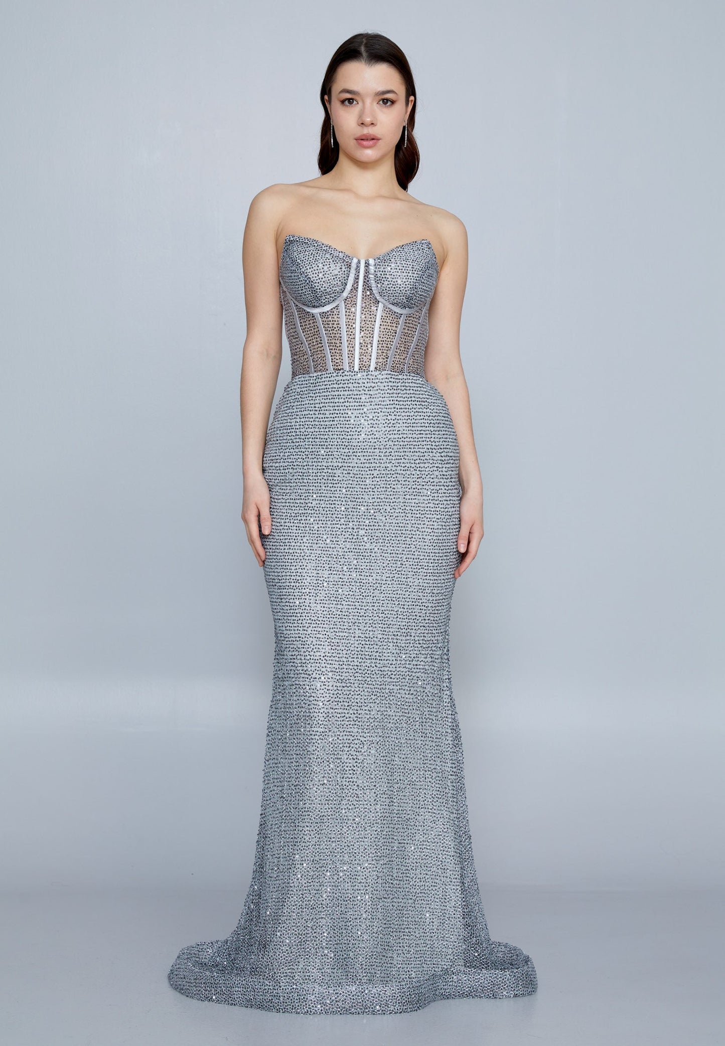 Strapless Maxi Sequin Mermaid Regular Wedding Guest Dress Grey - Unit Price: 70$