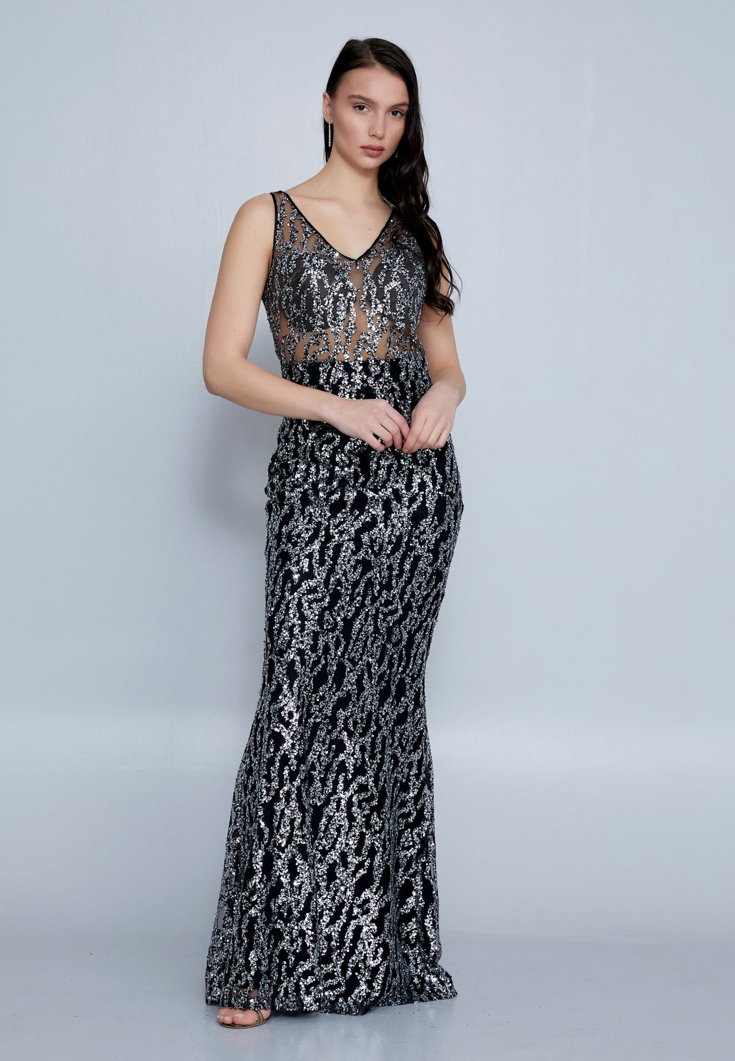 Sleeveless Maxi Sequin Mermaid Regular Wedding Guest Dress Black-Silver - Unit Price: 55$