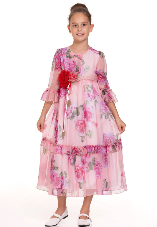 Girl Mid-Length Chiffon Floral Column 8 - 12 Ages Special Occasion Dress Pink - Unit Price: 20$