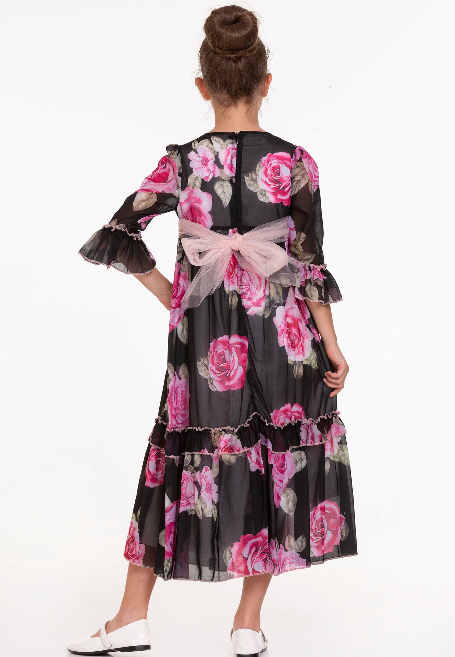 Girl Mid-Length Chiffon Floral Column 8 - 12 Ages Special Occasion Dress Black-Pink - Unit Price: 20$