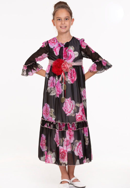 Girl Mid-Length Chiffon Floral Column 8 - 12 Ages Special Occasion Dress Black-Pink - Unit Price: 20$